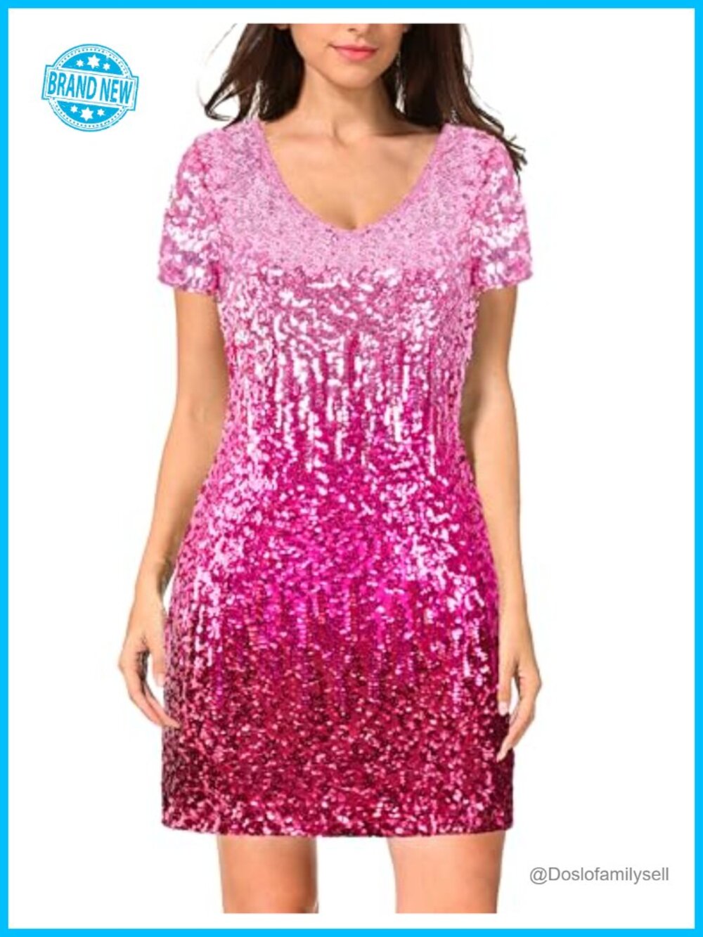 Sequin Glitter Short Sleeve V Neck Mini Bodycon Party Club Dress